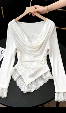 Elegant White Lace-Trim Drape Neck Women's Top